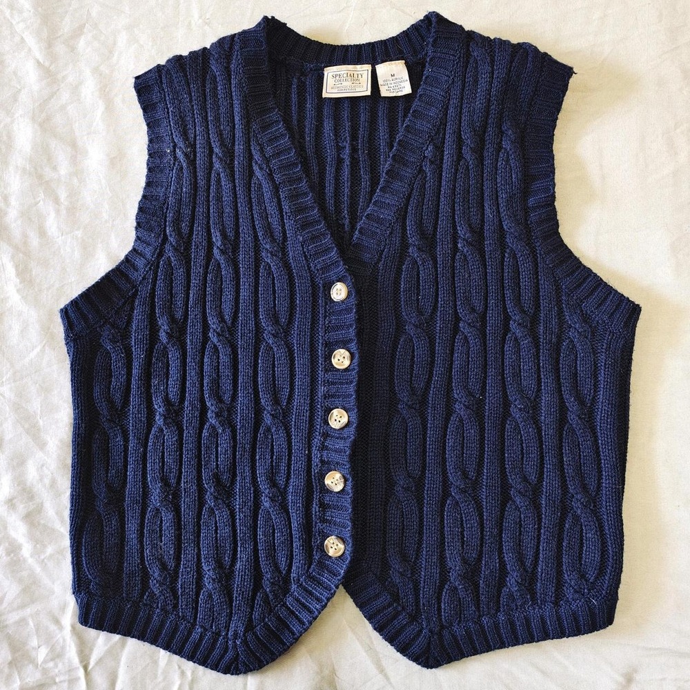 Specialty Collection Vintage 90s Navy Blue Cable Knit Sweater Vest Petite Medium